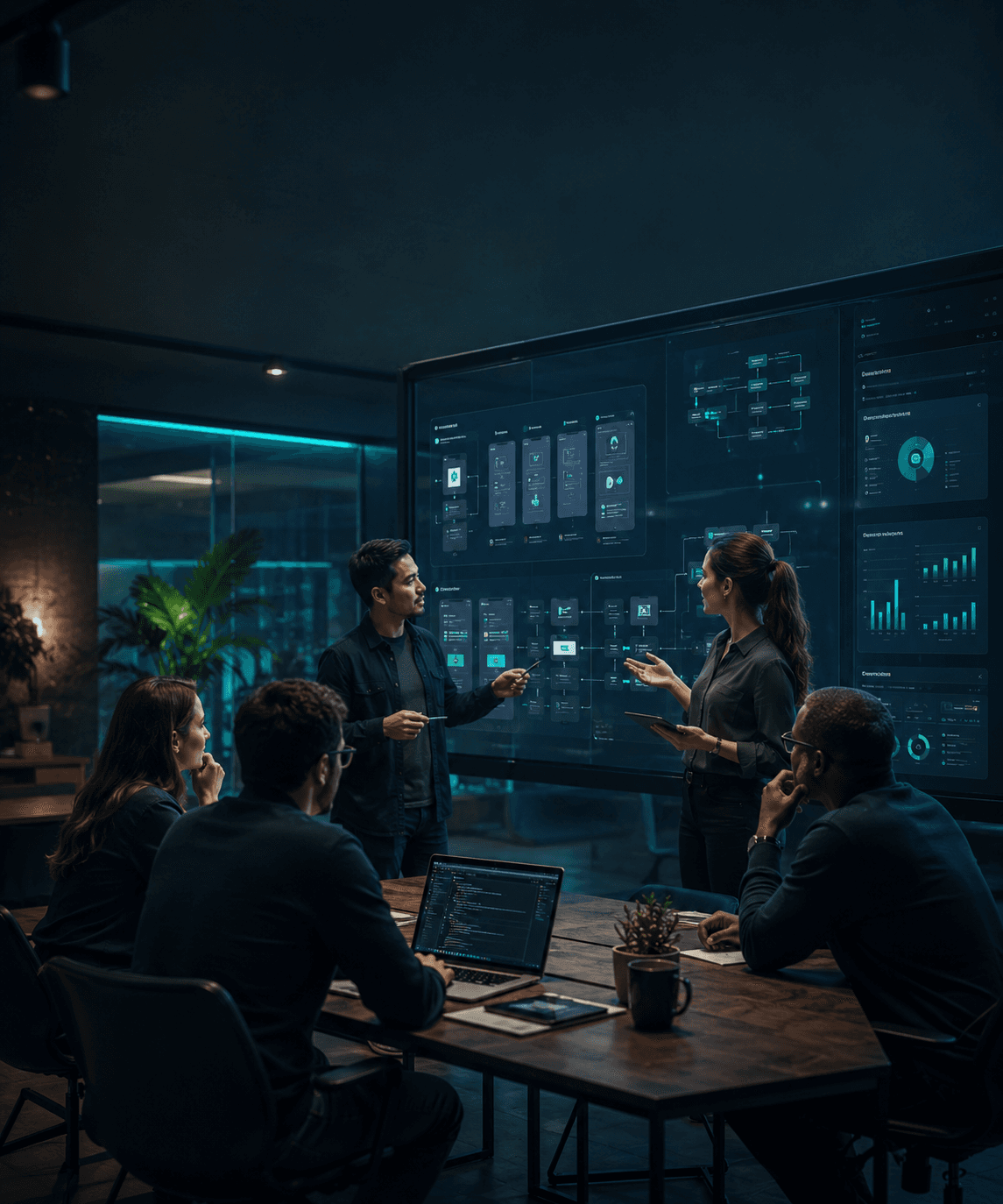 A collaborative team exploring software, workflows and business dashboards